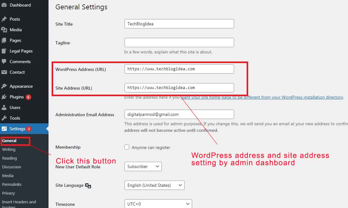 change WordPress address and site address by admin dashboard
