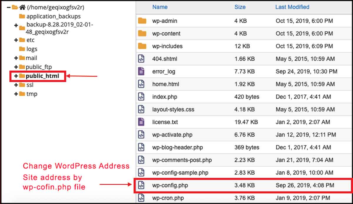 Change WordPress address and site address by wp-config.php file, wp-config.php file