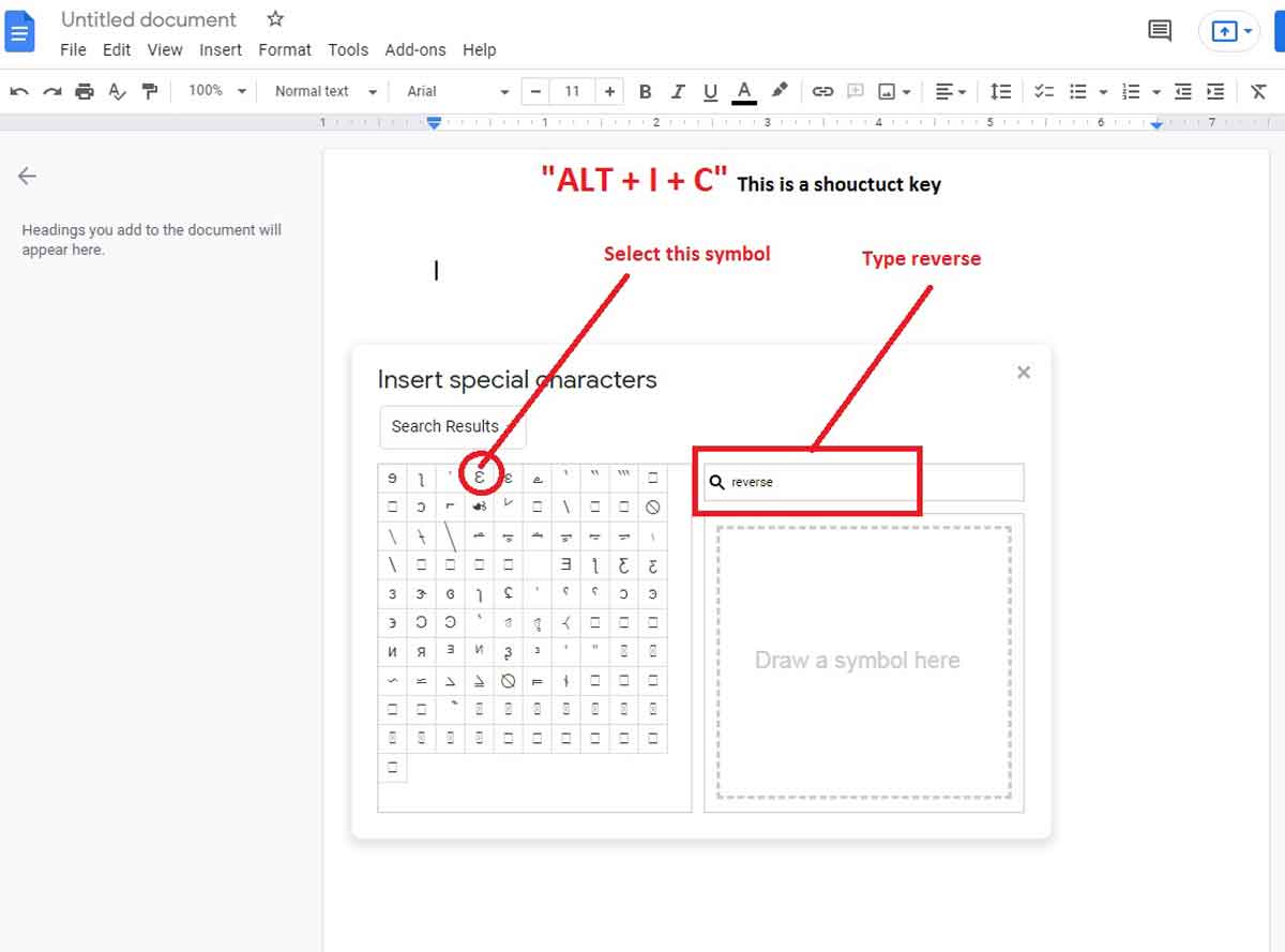 reverse 3 symbol in google docs.